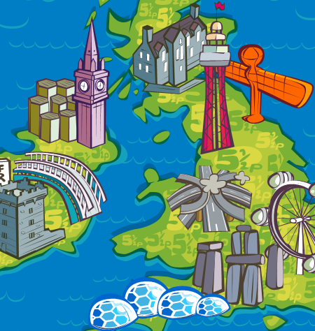BT poster advert - Illustrated UK map with well known tourist attraction spots
