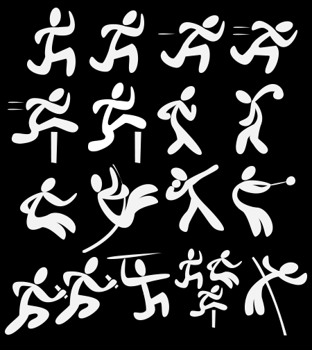 (from top left) 1500 metres, 400 metres, 200 metres, 100 metres, 110 hurdles, steeple chase, walk race, discus, long jump, pole vault, shot put, hammer throw, relay, javelin, decathlon, high jump
