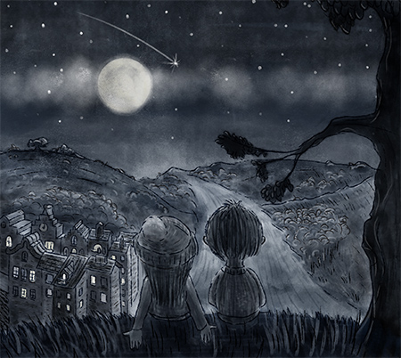 Illustrated a night-time scene for a book & poster. Digital painting using watercolour/watercolor & ink. 